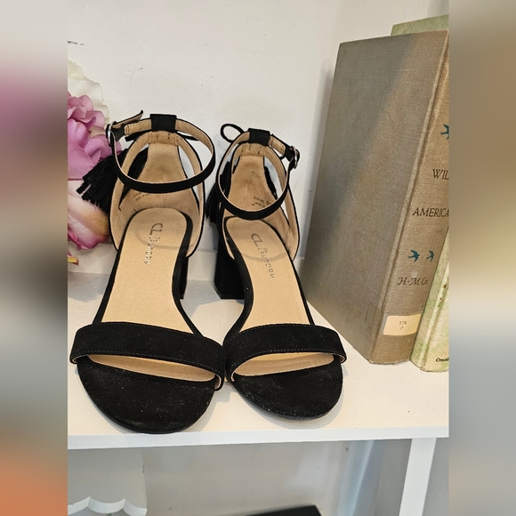 CL by Chinese Laundry Shoes - Black suedette ankle strap heeled sandals with tassels